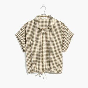 Madewell Seersucker Button-Up Drawstring Shirt in Green and White Plaid Size M
